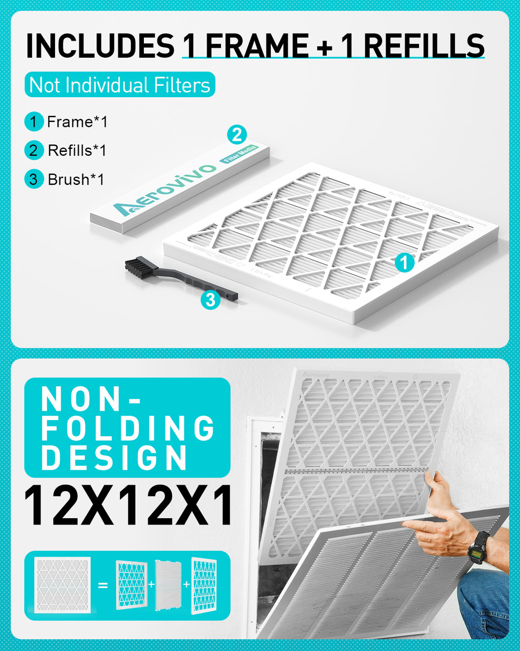 12x12x1 Air Filter MERV 8, 1 Pack Media with Reusable Frame, Reusable AC HVAC FurnaceFilter
