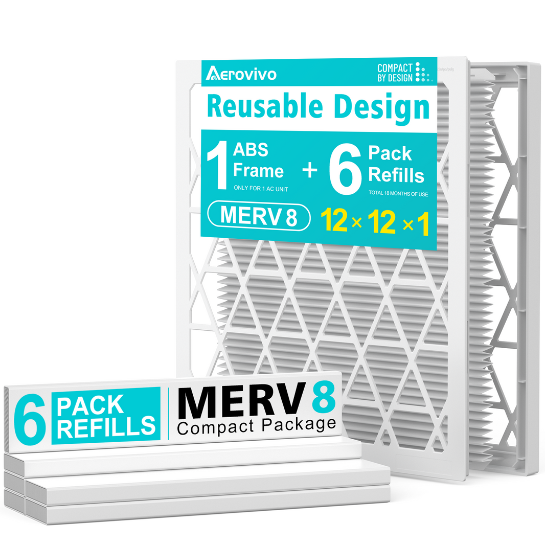 12x12x1 Air Filter MERV 8, 6 Pack Refills with 1 ABS Frame, Reusable AC HVAC Furnace Filter