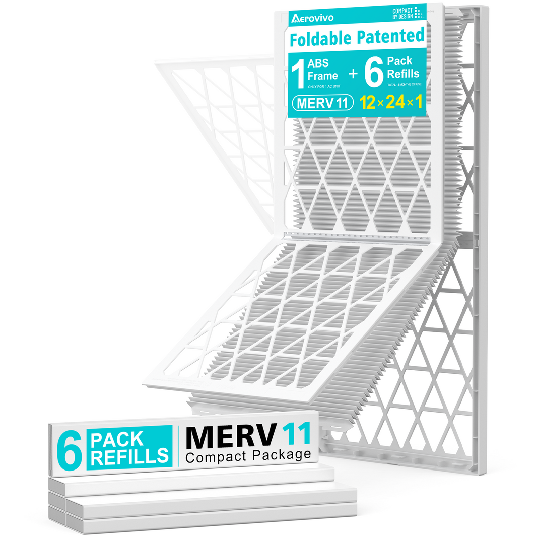 12x24x1 Air Filter MERV 11, 6 Pack Refills with 1 Foldable ABS Frame, Reusable AC HVAC Furnace Filter