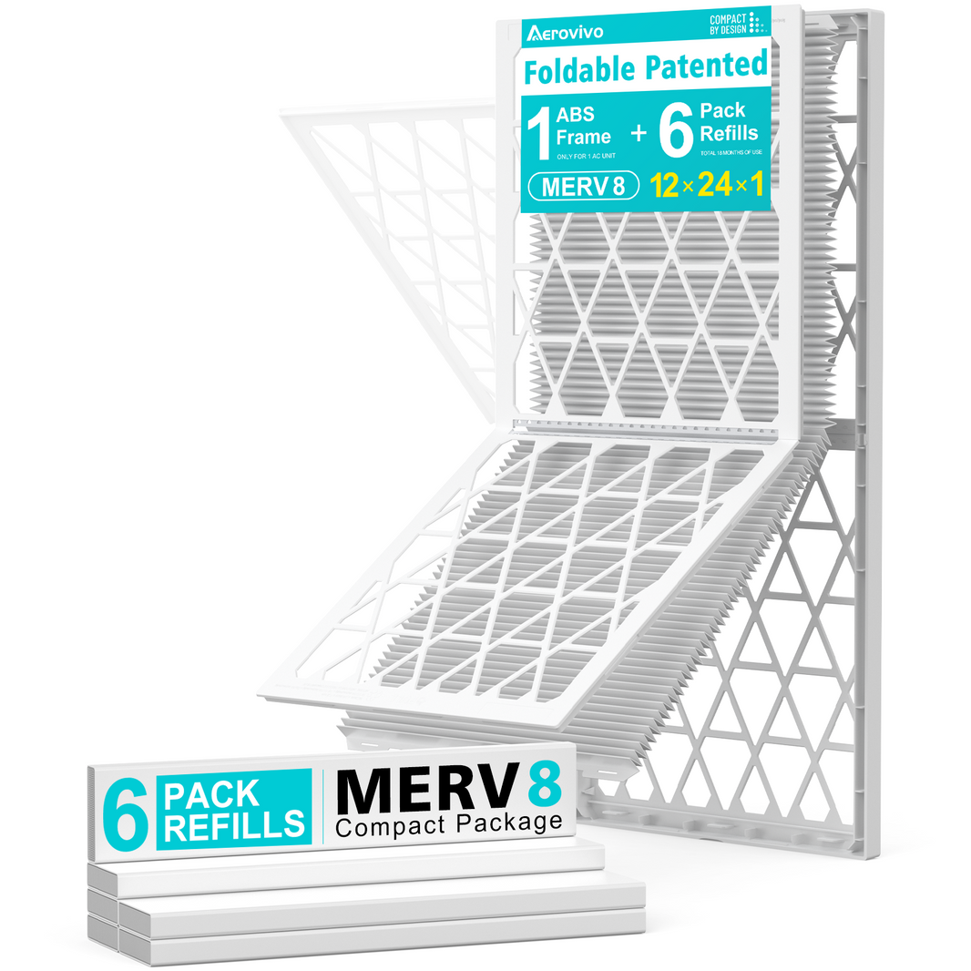 12x24x1 Air Filter MERV 8, 6 Pack Refills with 1 Foldable ABS Frame, Reusable AC HVAC Furnace Filter