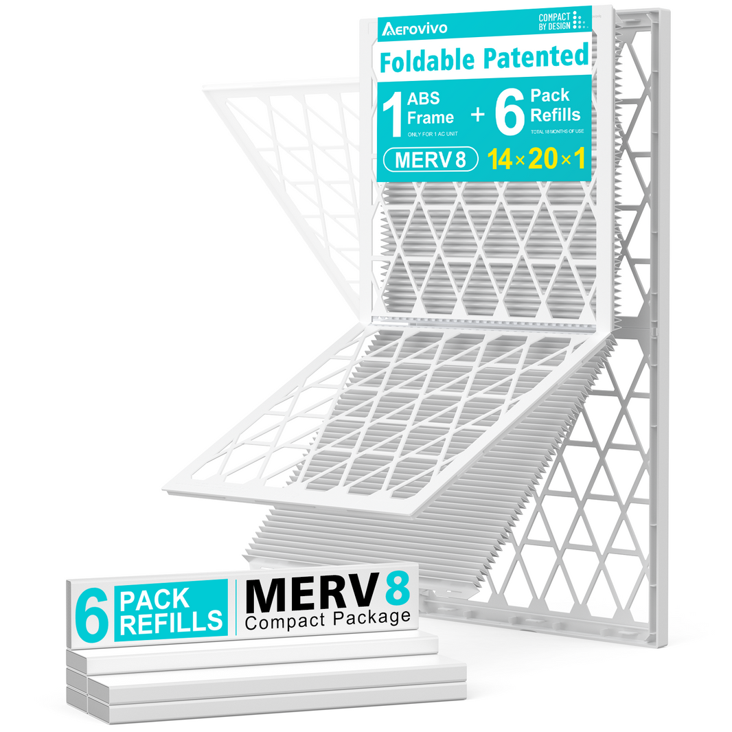 14x20x1 Air Filter MERV 8, 6 Pack Refills with 1 Foldable ABS Frame, Reusable AC HVAC Furnace Filter