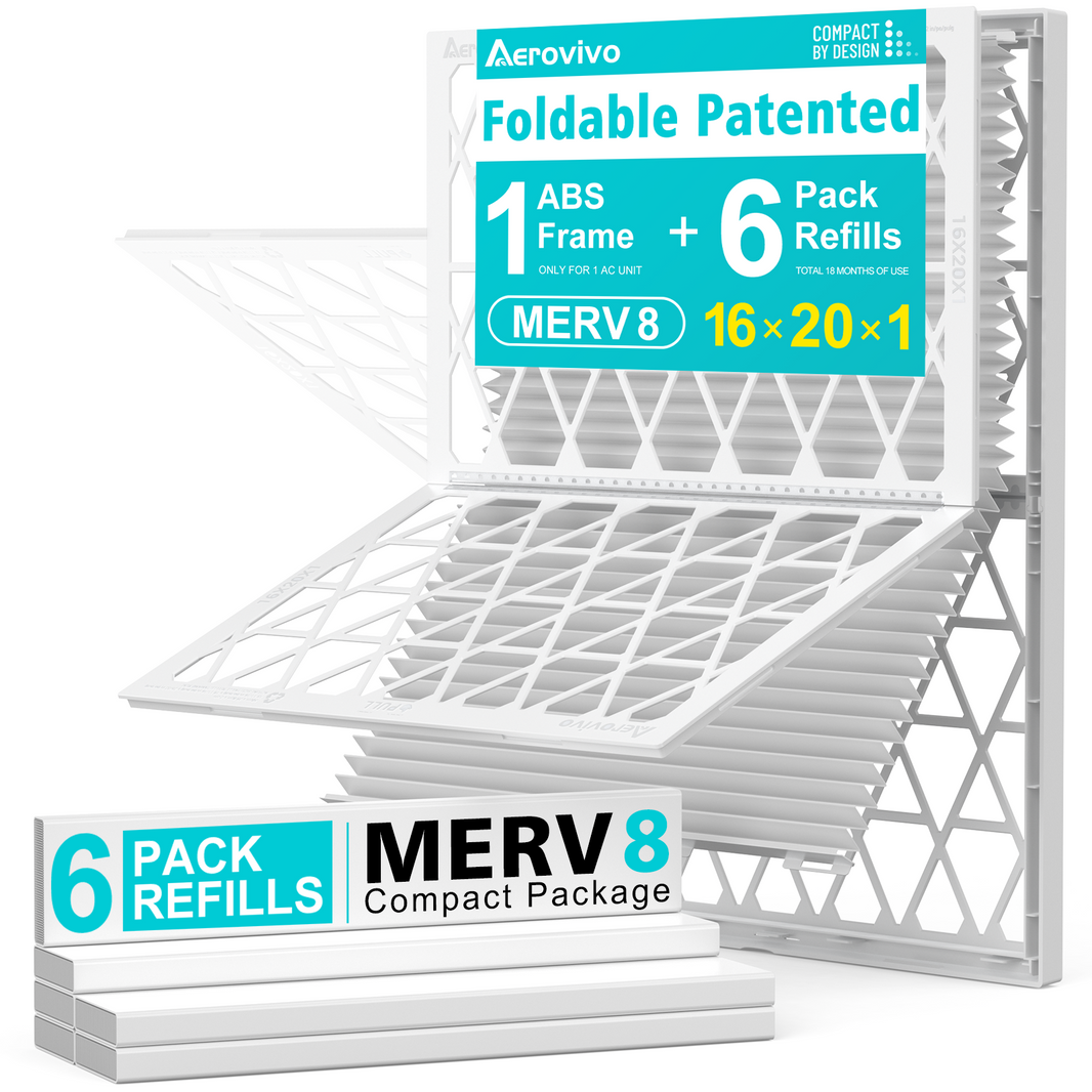 16x20x1 Air Filter MERV 8, 6 Pack Refills with 1 Foldable ABS Frame, Reusable AC HVAC Furnace Filter (Actual Size: 15.59 x 19.56 x 0.78 in)