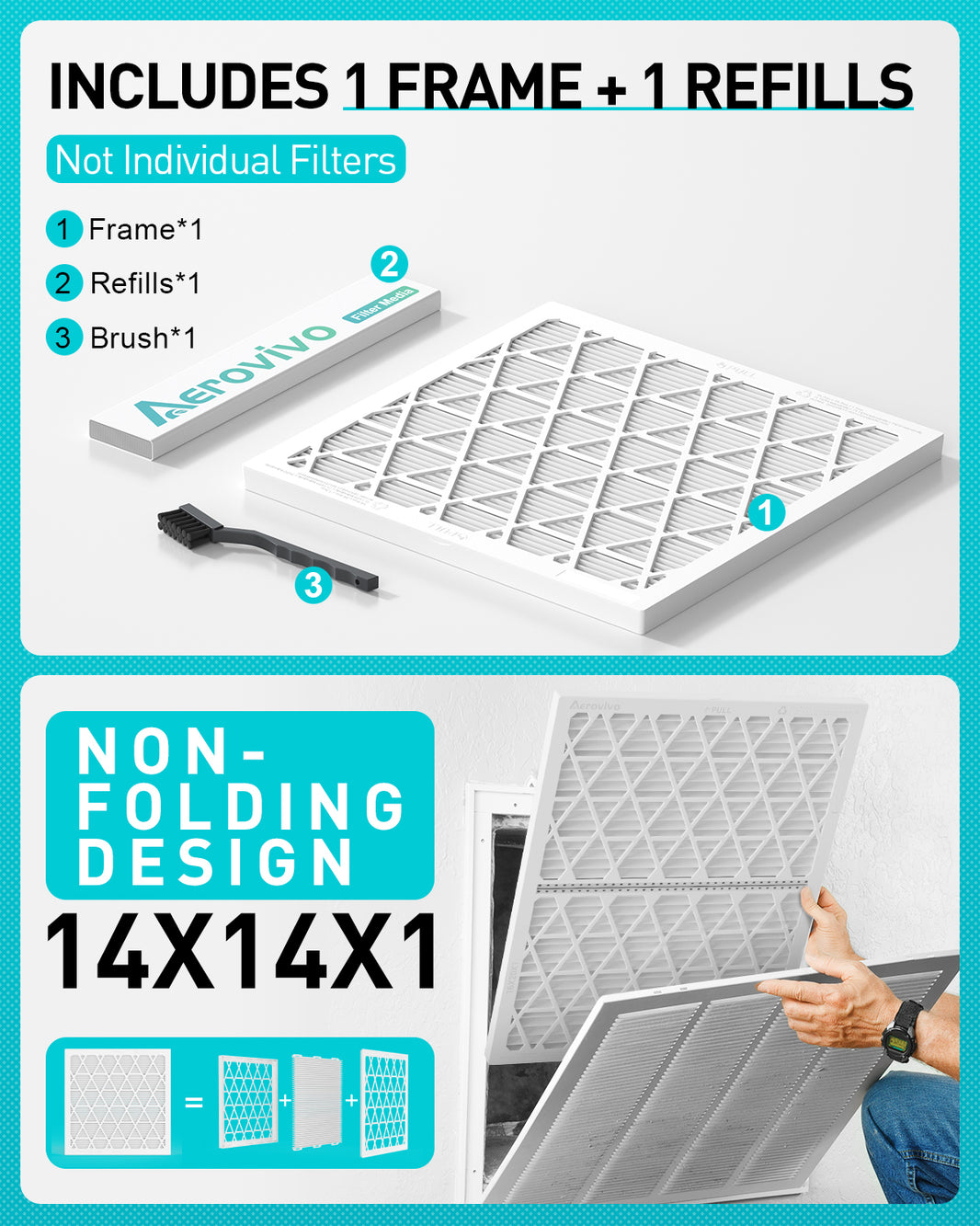 14x14x1 Air Filter MERV 8, 1 Pack Refills with1 Foldable ABS Frame, Reusable AC HVACFurnace Filter