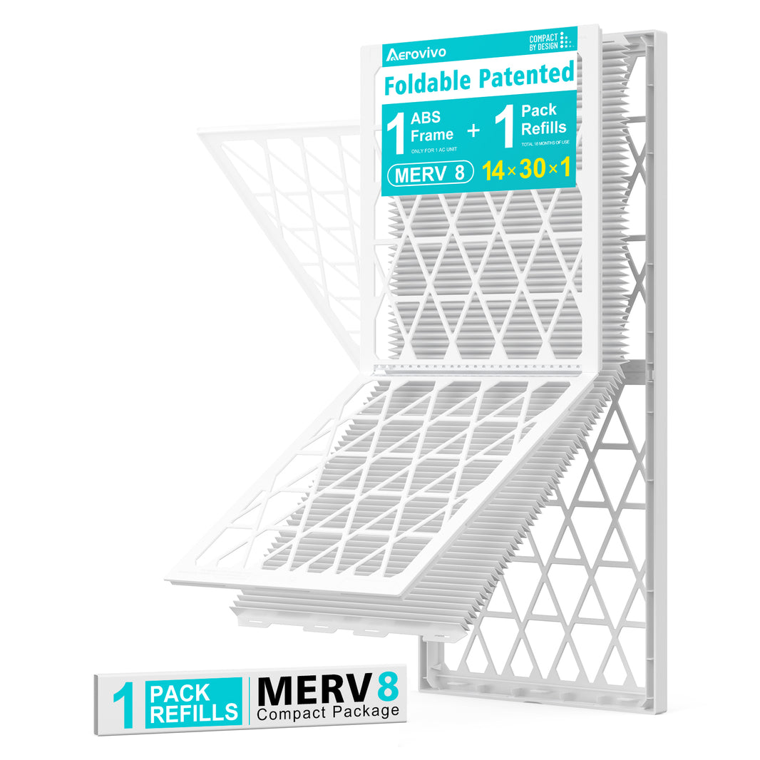 14x30x1 Air Filter MERV 8, 1 Pack Refills with1 Foldable ABS Frame, Reusable AC HVACFurnace Filter
