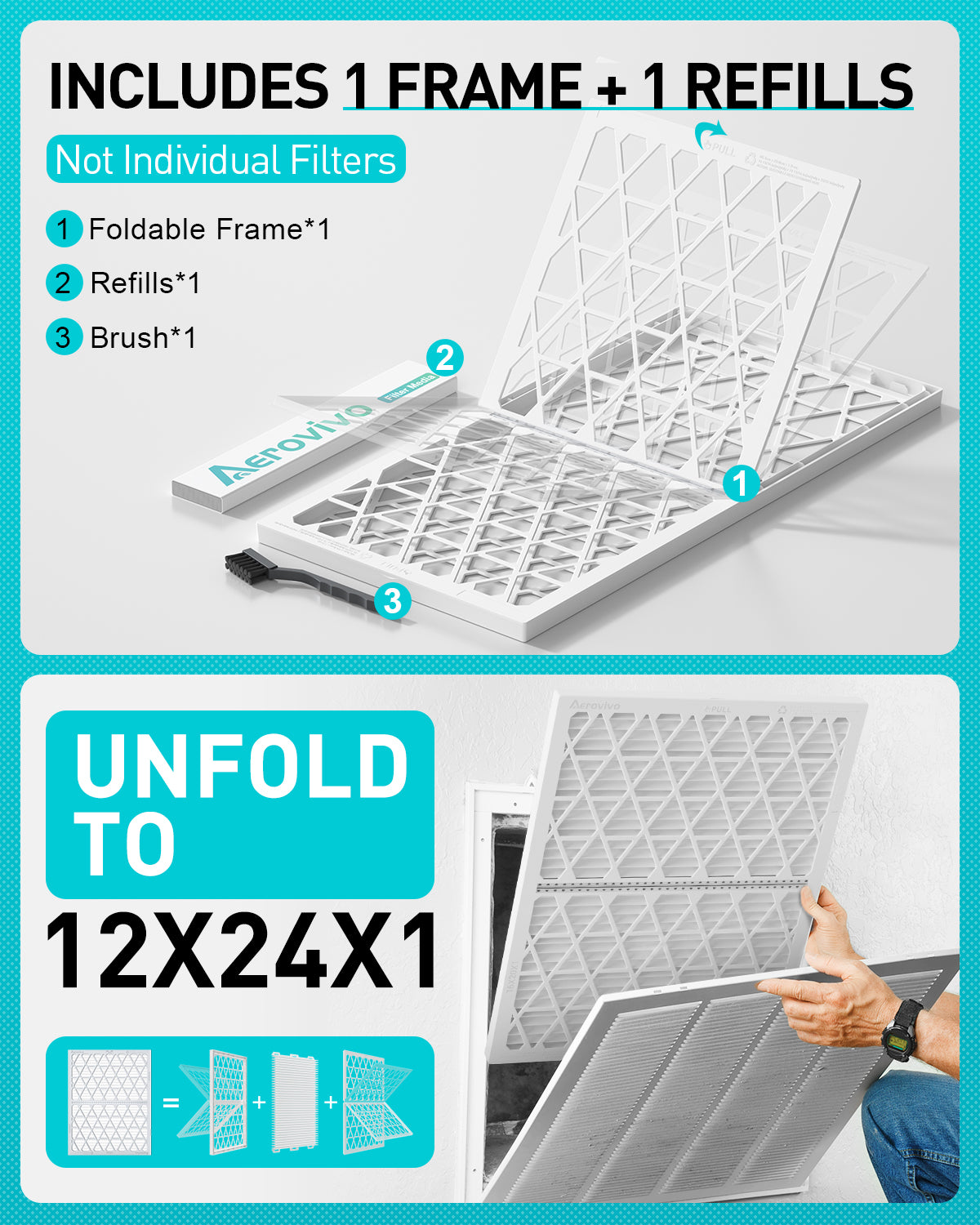 12x24x1 Air Filter MERV 8, 1 Pack Media with Reusable Frame, Reusable AC HVAC FurnaceFilter
