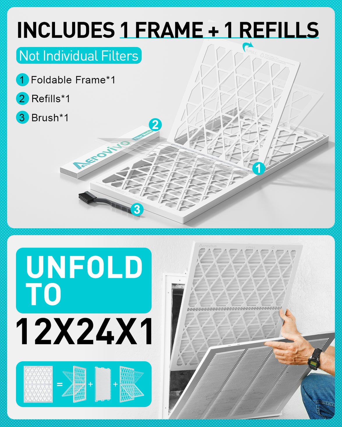 12x24x1 Air Filter MERV 8, 1 Pack Media with Reusable Frame, Reusable AC HVAC FurnaceFilter