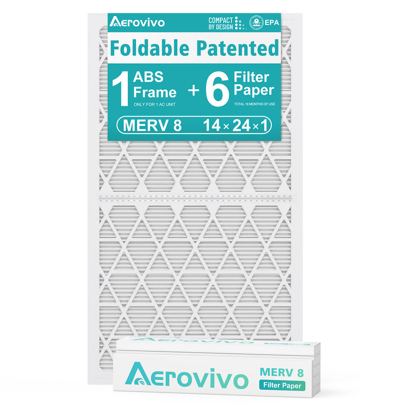 14x24x1 Air Filter MERV 8, 6 Pack Replaceable Filter Paper with Reusable ＆Foldable Frame