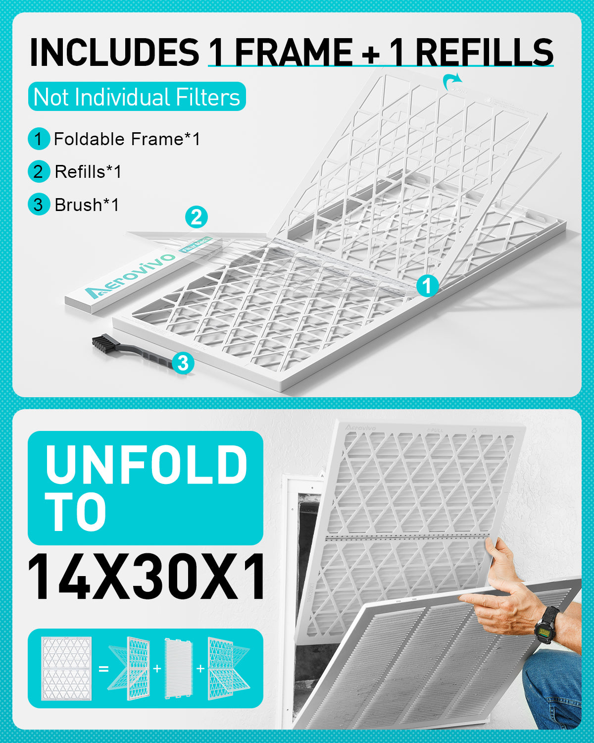 14x30x1 Air Filter MERV 8, 1 Pack Refills with1 Foldable ABS Frame, Reusable AC HVACFurnace Filter