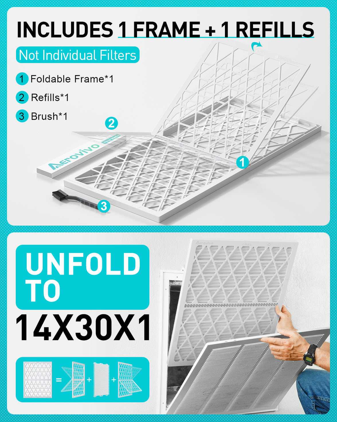 14x30x1 Air Filter MERV 8, 1 Pack Refills with1 Foldable ABS Frame, Reusable AC HVACFurnace Filter