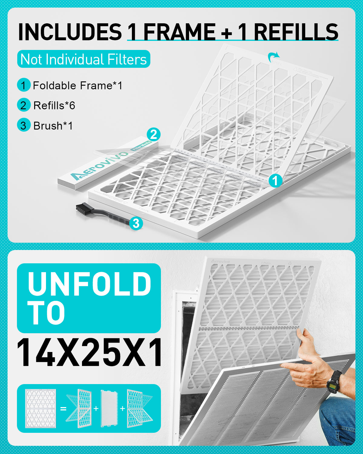 14x25x1 Air Filter MERV 8, 1 Pack Refills with1 Foldable ABS Frame, Reusable AC HVACFurnace Filter