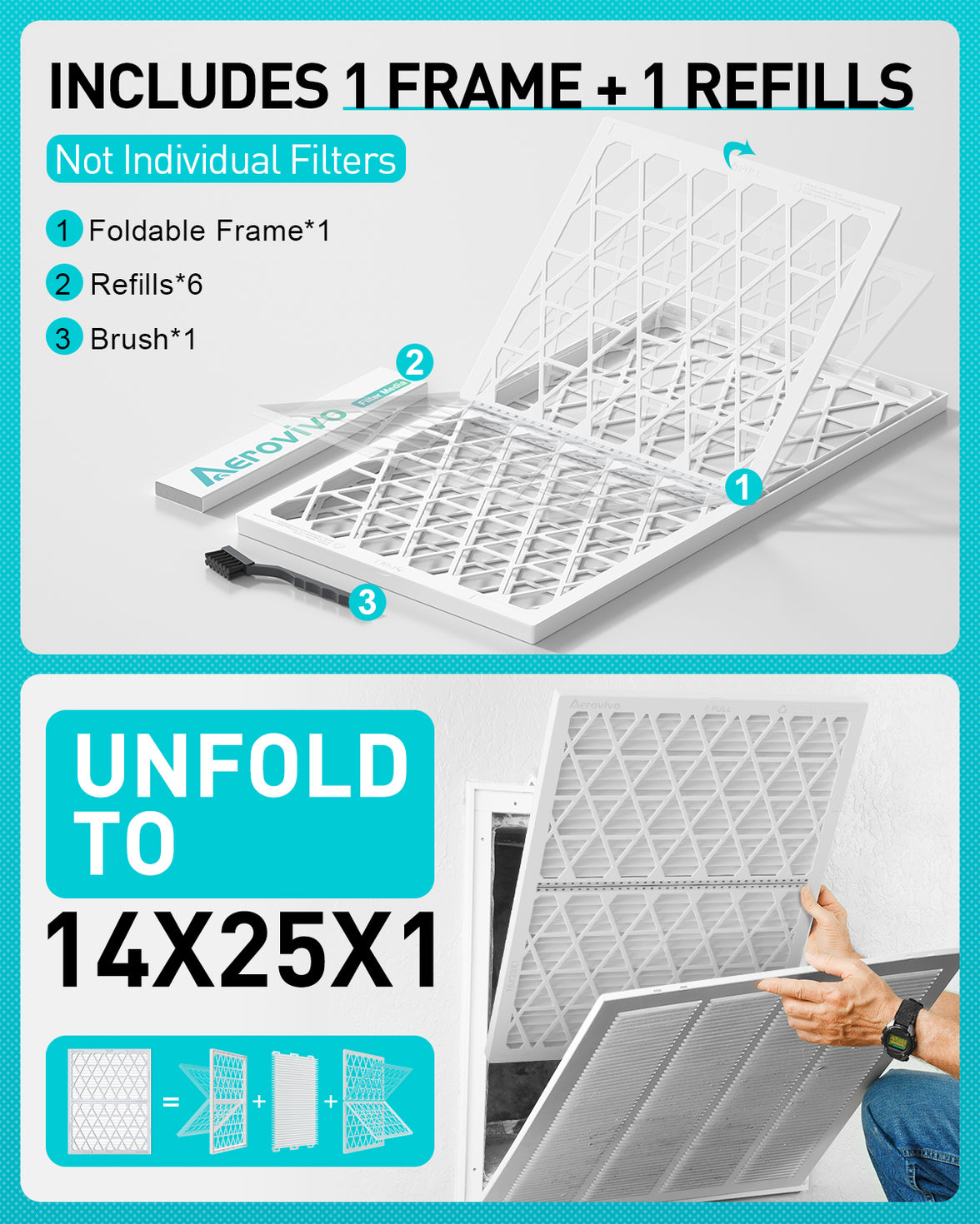 14x25x1 Air Filter MERV 8, 1 Pack Refills with1 Foldable ABS Frame, Reusable AC HVACFurnace Filter