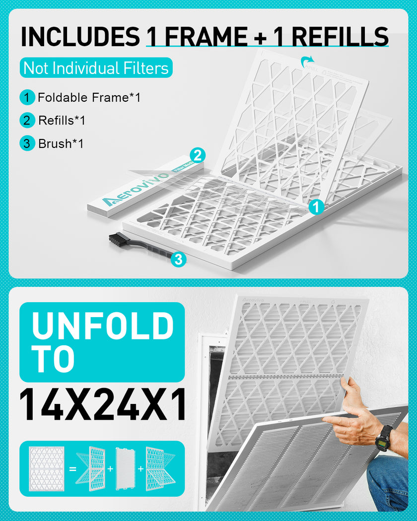 14x24x1 Air Filter MERV 8, 1 Pack Refills with1 Foldable ABS Frame, Reusable AC HVACFurnace Filter