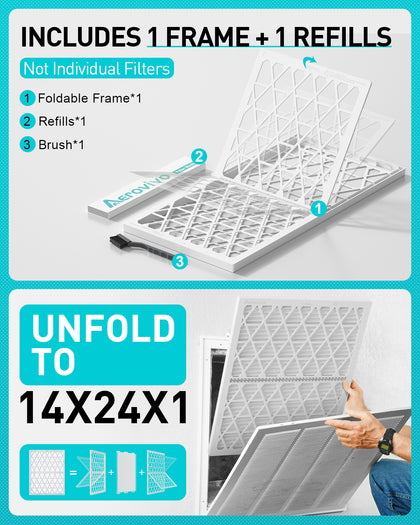14x24x1 Air Filter MERV 8, 1 Pack Refills with1 Foldable ABS Frame, Reusable AC HVACFurnace Filter