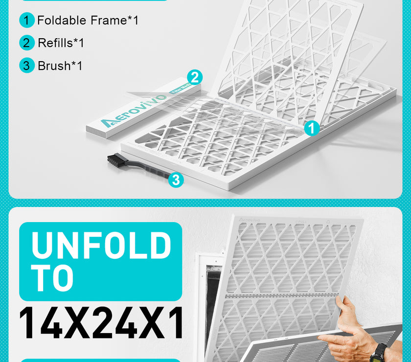 14x24x1 Air Filter MERV 8, 1 Pack Refills with1 Foldable ABS Frame, Reusable AC HVACFurnace Filter