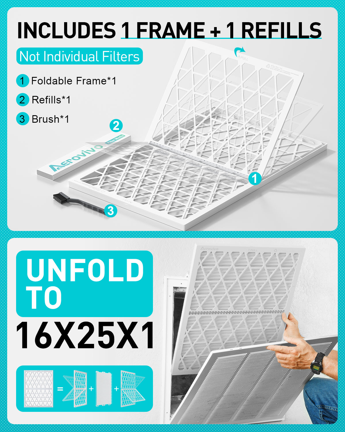 16x25x1 Air Filter MERV 8, 1 Pack Refills with1 Foldable ABS Frame, Reusable AC HVACFurnace Filte