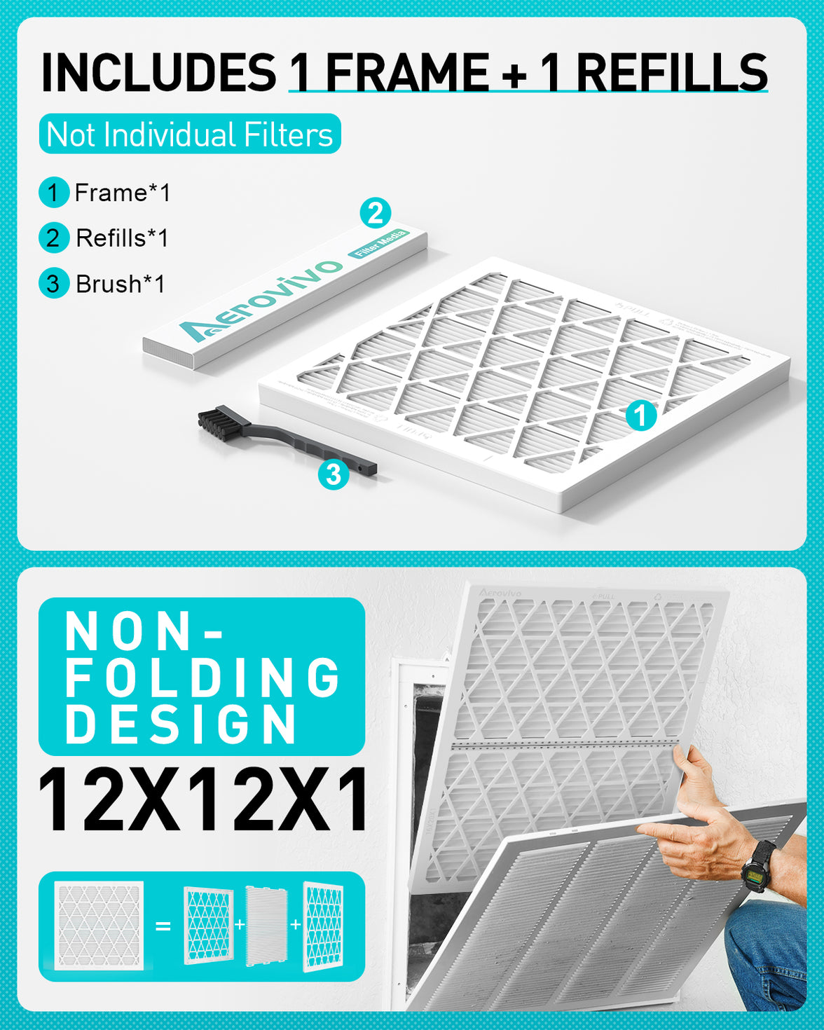 12x12x1 Air Filter MERV 8, 1 Pack Refills with1 Foldable ABS Frame, Reusable AC HVACFurnace Filter