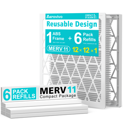 12x12x1 Air Filter MERV 11, 6 Pack Refills with 1 Foldable ABS Frame, Reusable AC HVAC Furnace Filter