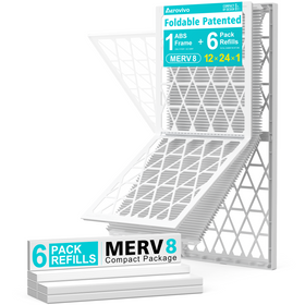 12x24x1 Air Filter MERV 8, 6 Pack Refills with 1 Foldable ABS Frame, Reusable AC HVAC Furnace Filter