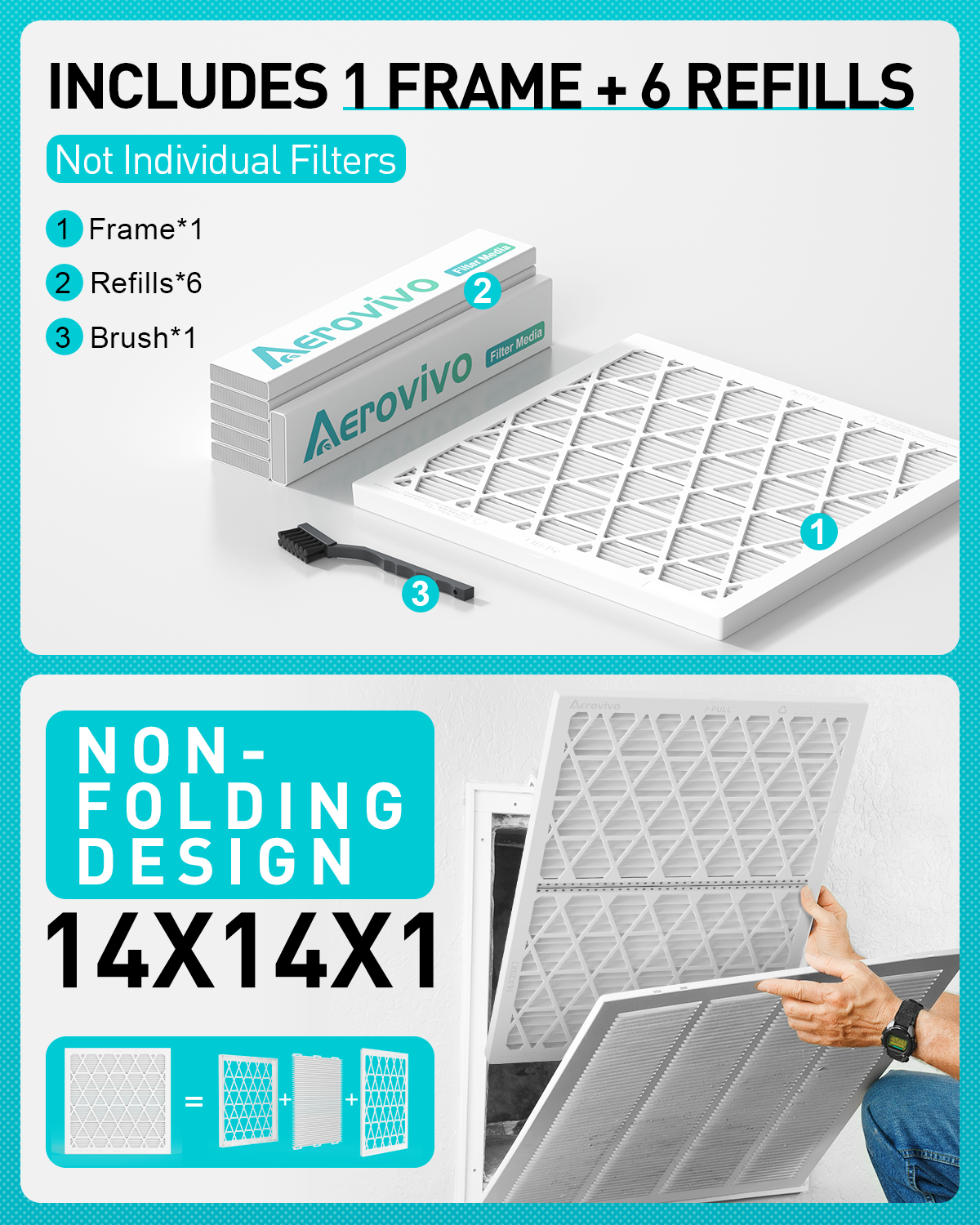 14x14x1 Air Filter MERV 8, 6 Pack Refills with 1 ABS Frame, Reusable AC HVAC Furnace Filter