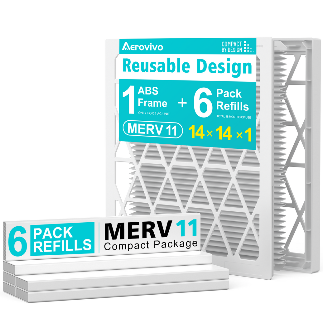 14x14x1 Air Filter MERV 11, 6 Pack Refills with 1 Foldable ABS Frame, Reusable AC HVAC Furnace Filter