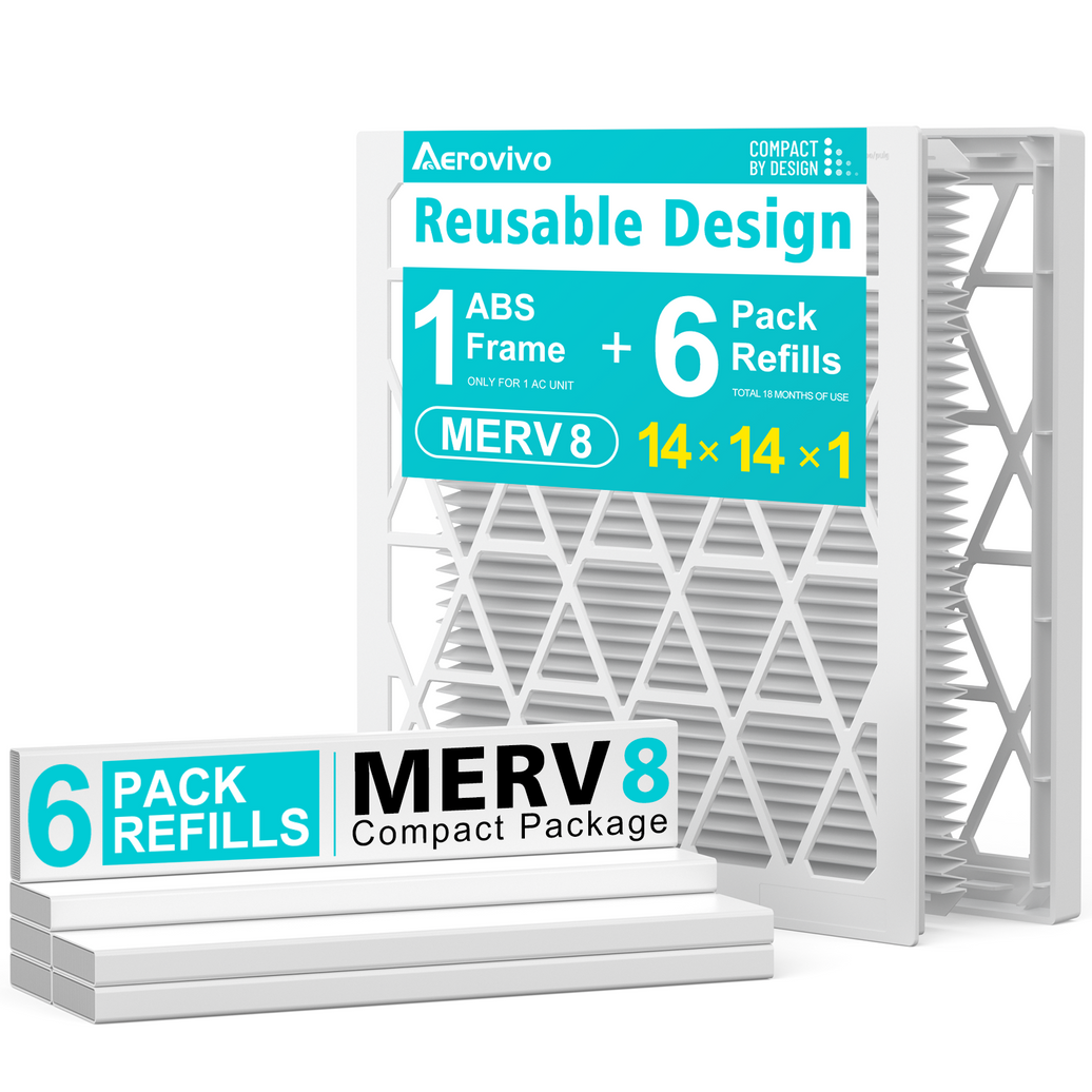 14x14x1 Air Filter MERV 8, 6 Pack Refills with 1 ABS Frame, Reusable AC HVAC Furnace Filter