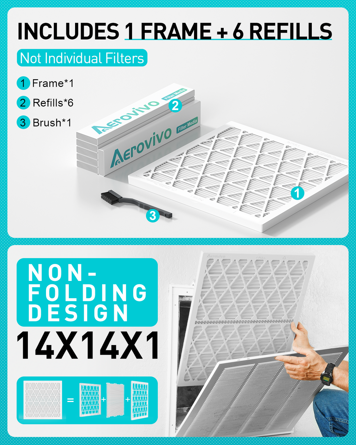 14x14x1 Air Filter MERV 11, 6 Pack Refills with 1 Foldable ABS Frame, Reusable AC HVAC Furnace Filter