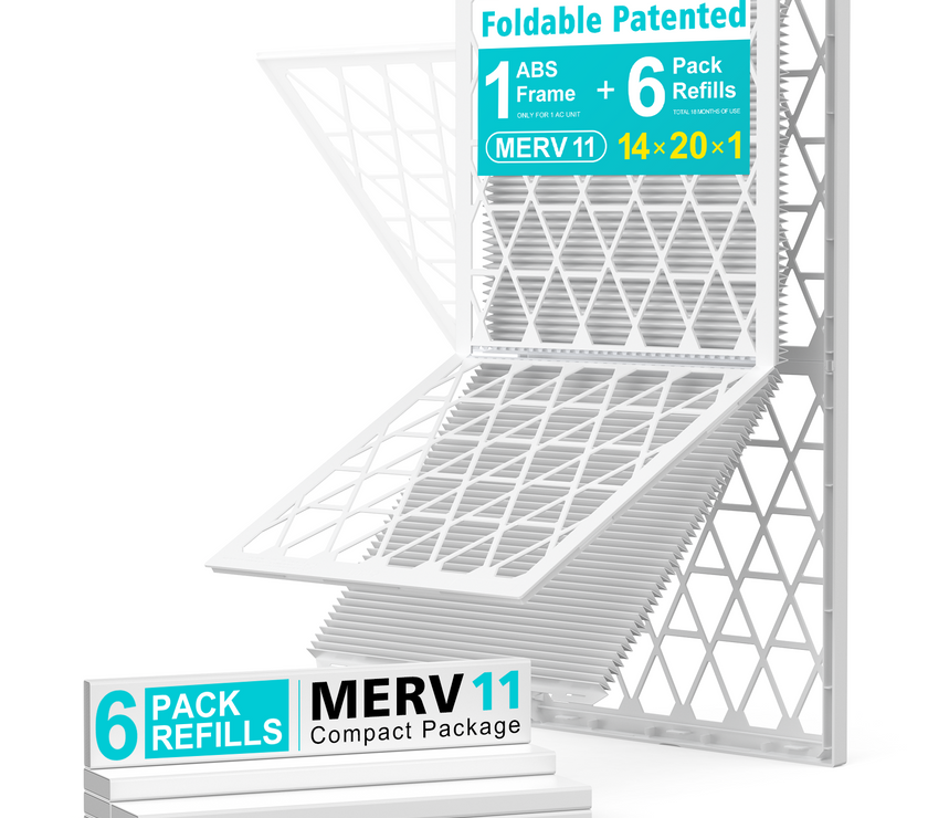 14x20x1 Air Filter MERV 11, 6 Pack Refills with 1 Foldable ABS Frame, Reusable AC HVAC Furnace Filter