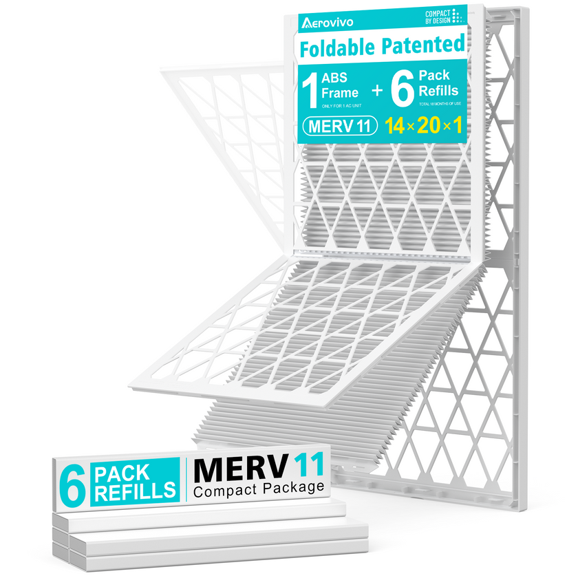 14x20x1 Air Filter MERV 11, 6 Pack Refills with 1 Foldable ABS Frame, Reusable AC HVAC Furnace Filter