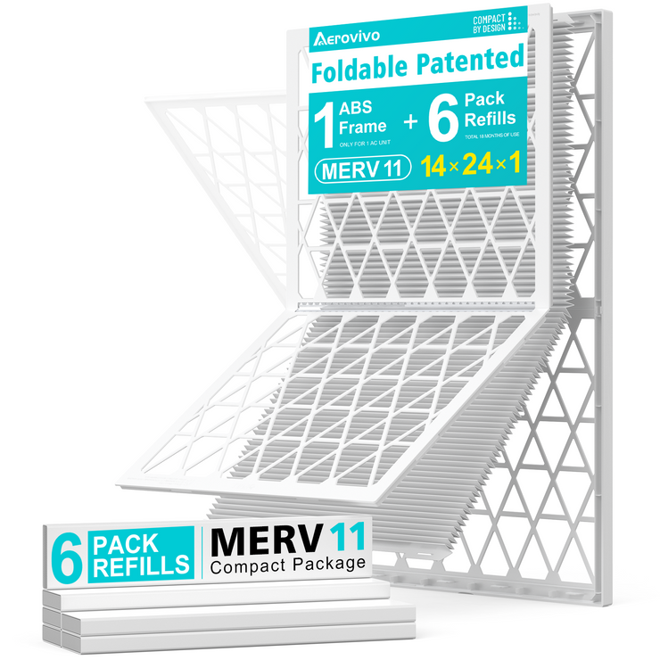 14x24x1 Air Filter MERV 11, 6 Pack Refills with 1 Foldable ABS Frame, Reusable AC HVAC Furnace Filter
