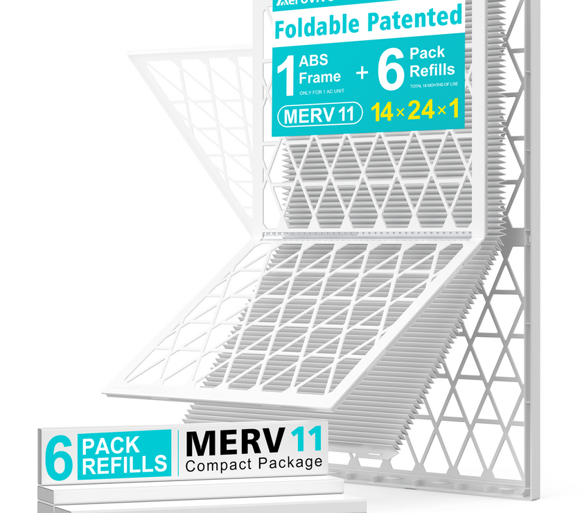 14x24x1 Air Filter MERV 11, 6 Pack Refills with 1 Foldable ABS Frame, Reusable AC HVAC Furnace Filter
