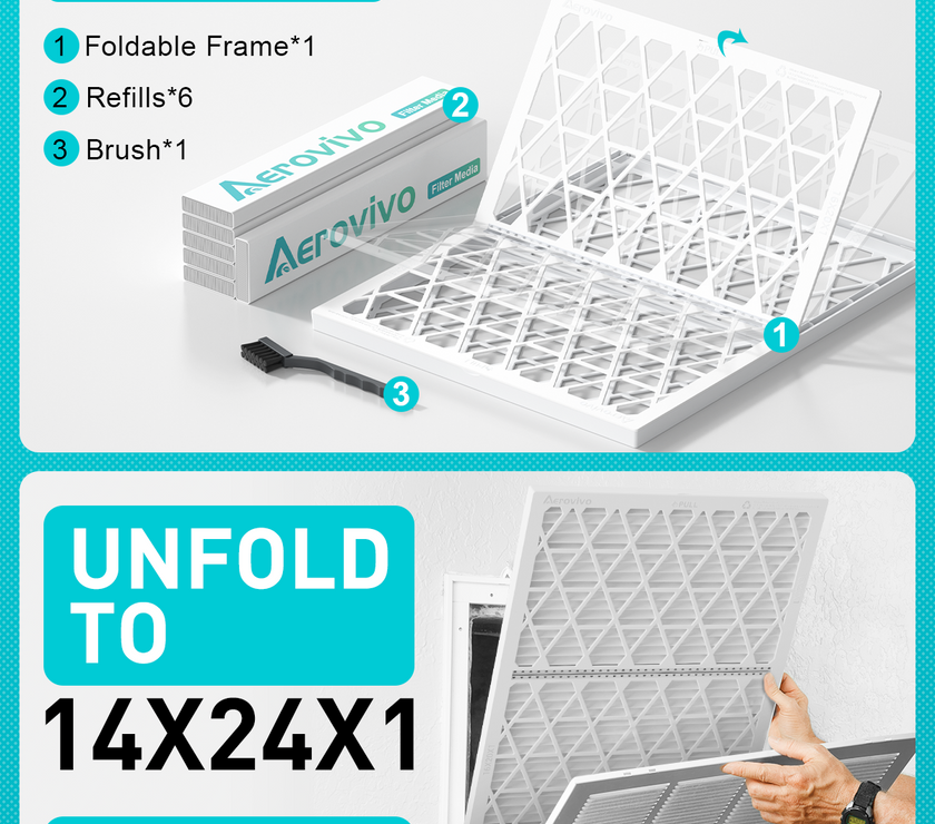 14x24x1 Air Filter MERV 11, 6 Pack Refills with 1 Foldable ABS Frame, Reusable AC HVAC Furnace Filter