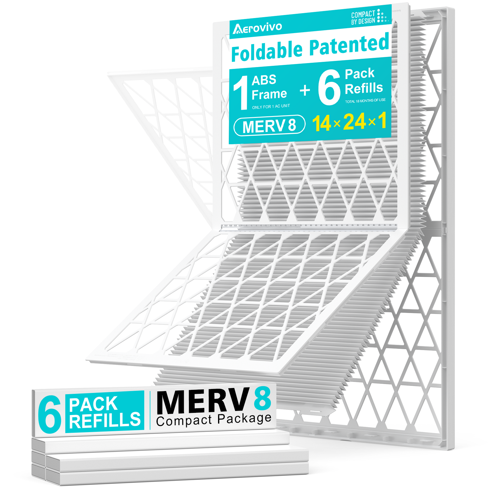 14x24x1 Air Filter MERV 8, 6 Pack Refills with 1 Foldable ABS Frame, Reusable AC HVAC Furnace Filter
