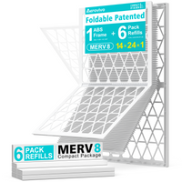 14x24x1 Air Filter MERV 8, 6 Pack Refills with 1 Foldable ABS Frame, Reusable AC HVAC Furnace Filter
