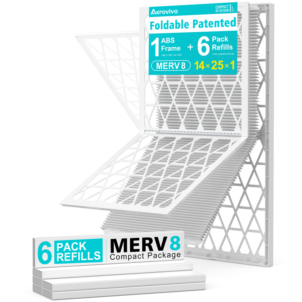 14x25x1 Air Filter MERV 8, 6 Pack Refills with 1 Foldable Frame, Reusable AC HVAC Furnace Filter