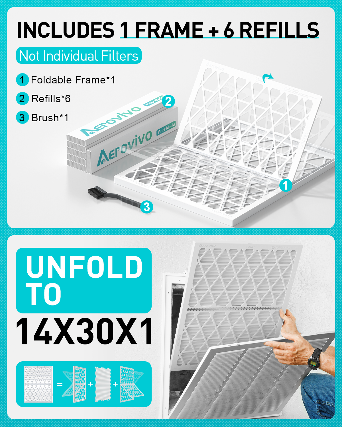 14x30x1 Air Filter MERV 8, 6 Pack Refills with 1 Foldable ABS Frame, Reusable AC HVAC Furnace Filter