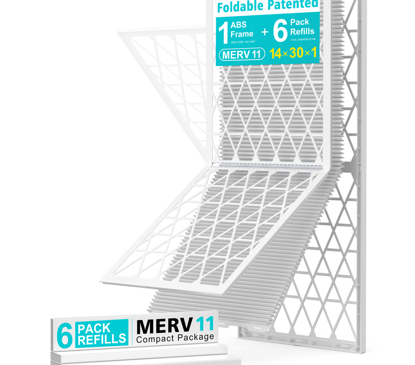 14x30x1 Air Filter MERV 11, 6 Pack Refills with 1 Foldable ABS Frame, Reusable AC HVAC Furnace Filter