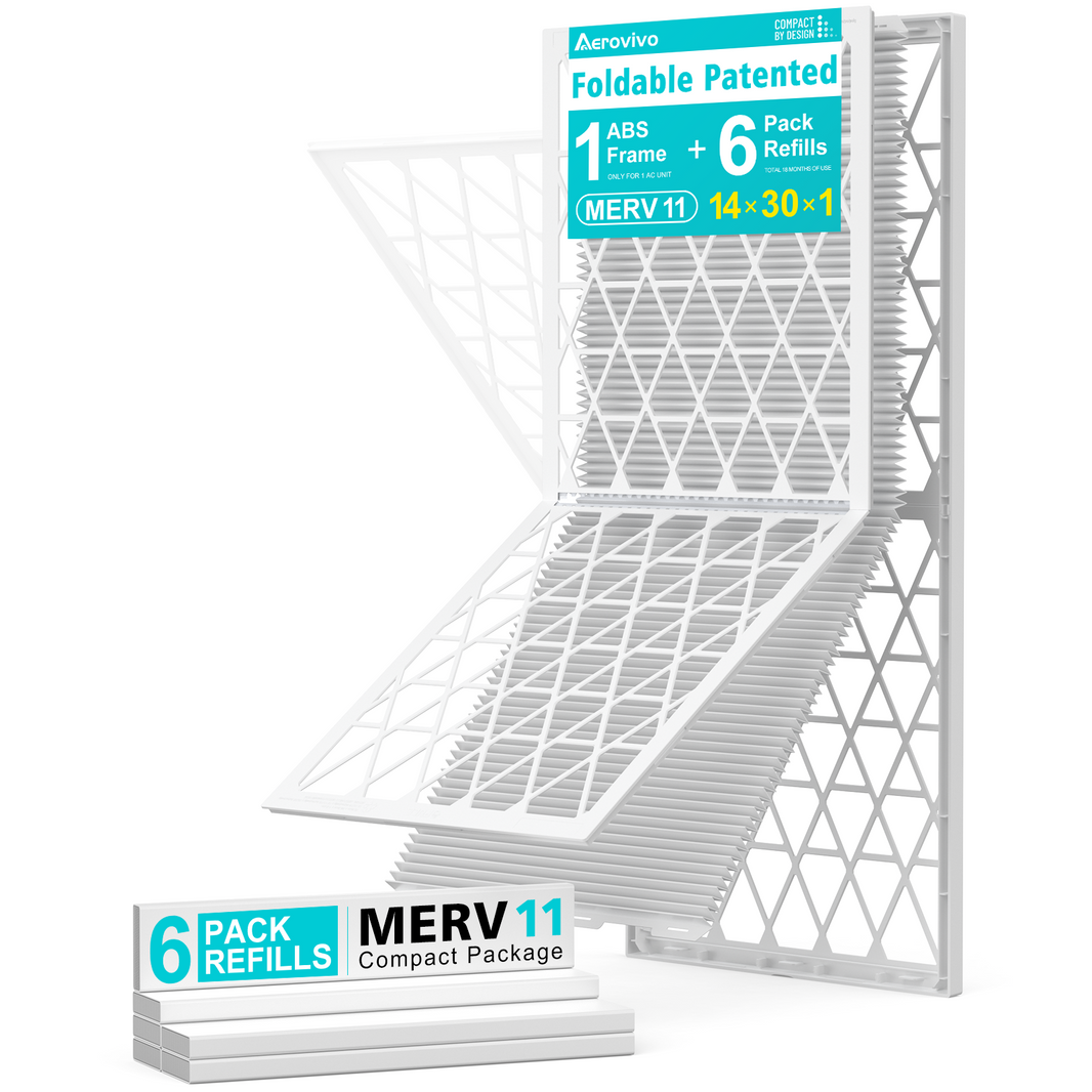 14x30x1 Air Filter MERV 11, 6 Pack Refills with 1 Foldable ABS Frame, Reusable AC HVAC Furnace Filter