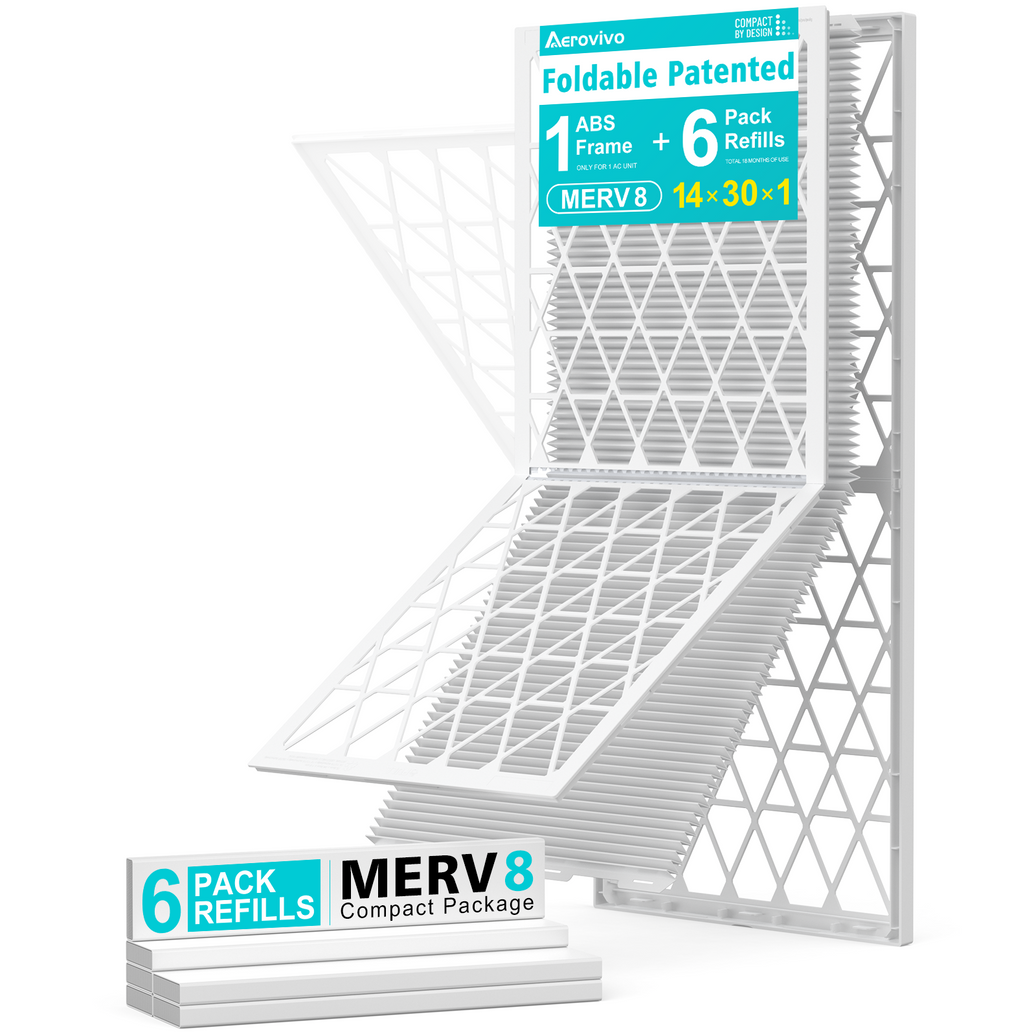 14x30x1 Air Filter MERV 8, 6 Pack Refills with 1 Foldable ABS Frame, Reusable AC HVAC Furnace Filter
