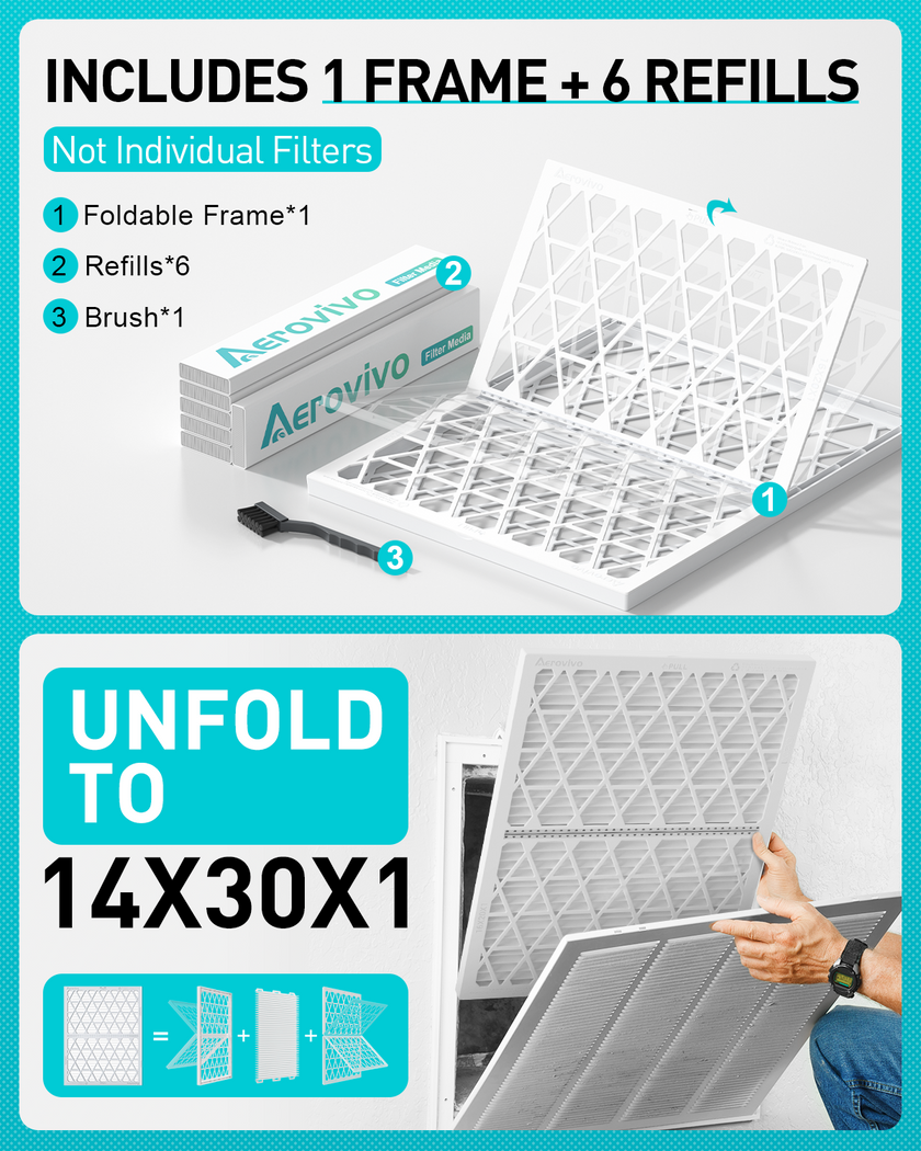 14x30x1 Air Filter MERV 11, 6 Pack Refills with 1 Foldable ABS Frame, Reusable AC HVAC Furnace Filter