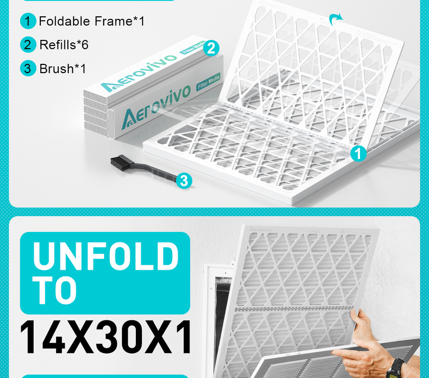 14x30x1 Air Filter MERV 11, 6 Pack Refills with 1 Foldable ABS Frame, Reusable AC HVAC Furnace Filter