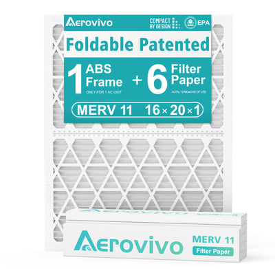 16x20x1 Air Filter MERV 11, 6 Pack Filter Paper with Reusable ＆Foldable Frame