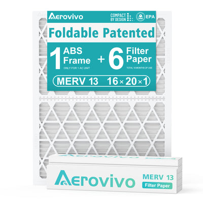 16x20x1 Air Filter MERV 13, 6 Pack Replaceable Filter Paper with Reusable ＆Foldable Frame