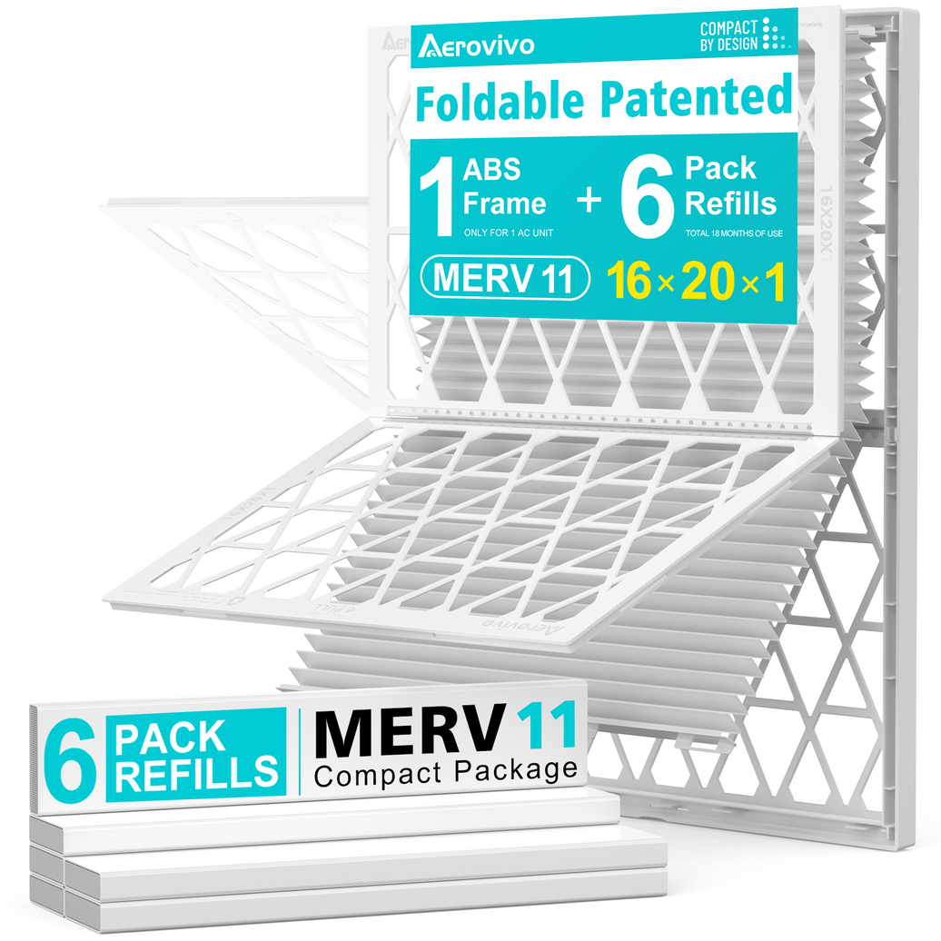 16x20x1 Air Filter MERV 11, 6 Pack Refills with 1 Foldable ABS Frame, Reusable AC HVAC Furnace Filter (Actual Size: 15.59 x 19.56 x 0.78 in)
