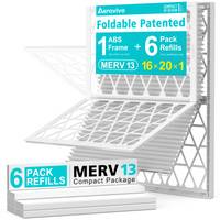 16x20x1 Air Filter MERV 13, 6 Pack Refills with 1 Foldable ABS Frame, Reusable AC HVAC Furnace Filter