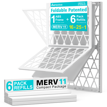 16x25x1 Air Filter MERV 11, 6 Pack Refills with 1 ABS Frame, Reusable AC HVAC Furnace Filter