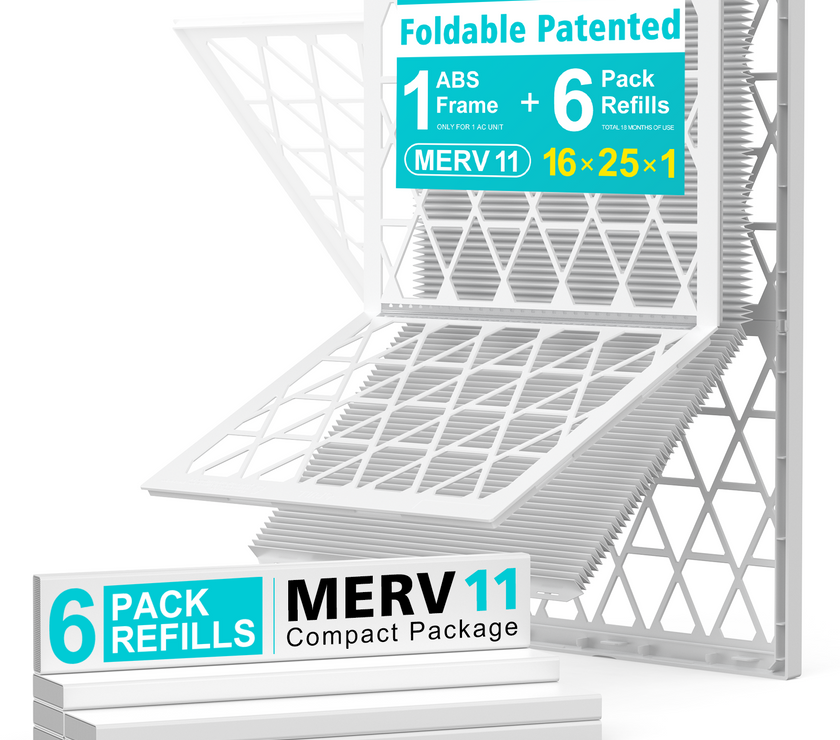 16x25x1 Air Filter MERV 11, 6 Pack Refills with 1 ABS Frame, Reusable AC HVAC Furnace Filter