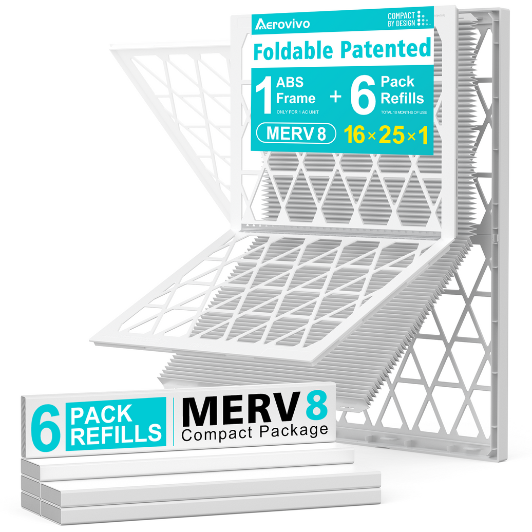 16x25x1 Air Filter MERV 8, 6 Pack Refills with 1 Foldable ABS Frame, Reusable AC HVAC Furnace Filter