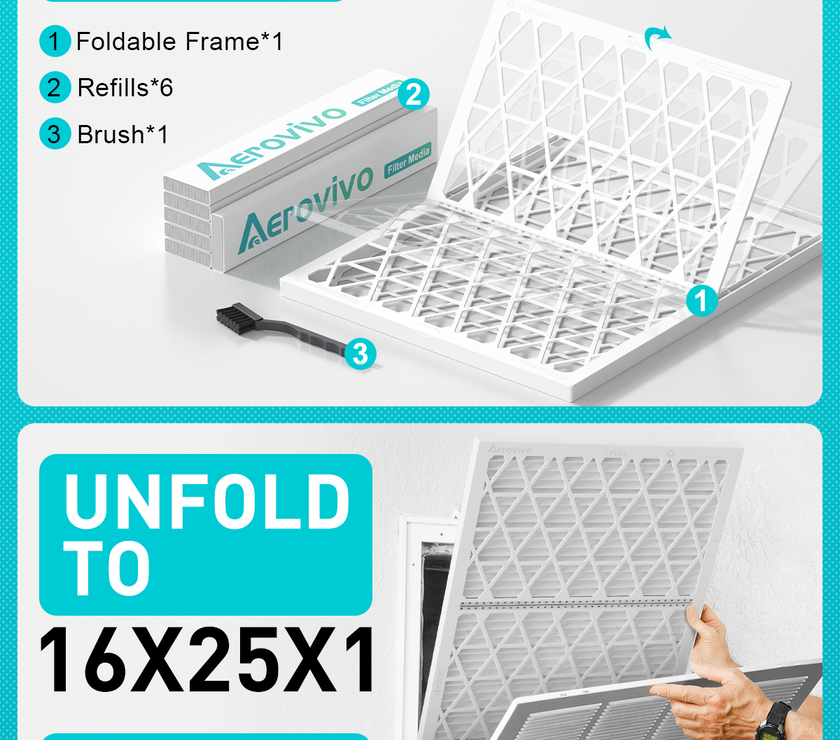 16x25x1 Air Filter MERV 11, 6 Pack Refills with 1 ABS Frame, Reusable AC HVAC Furnace Filter