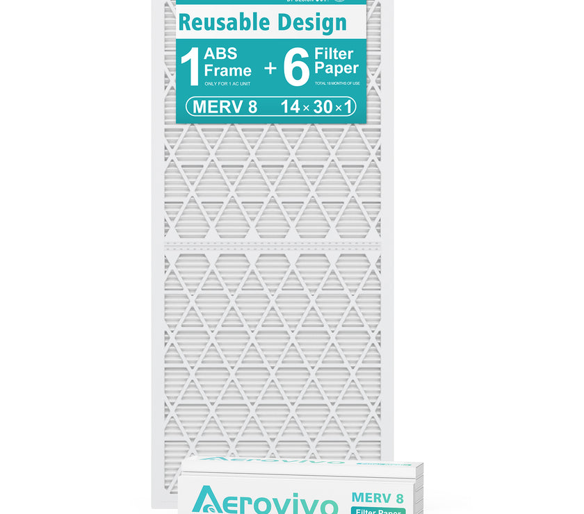 14x30x1 Air Filter MERV 8, 6 Pack Replaceable Filter Paper with Reusable ＆Foldable Frame