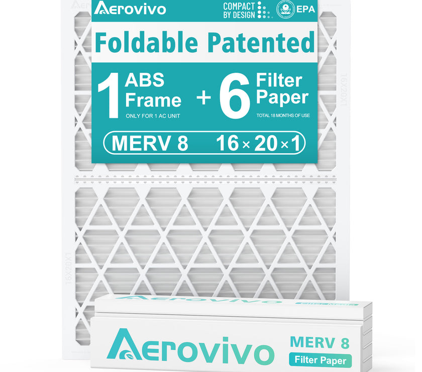 16x20x1 Air Filter MERV 8, 6 Pack Replaceable Filter Paper with Reusable ＆Foldable Frame